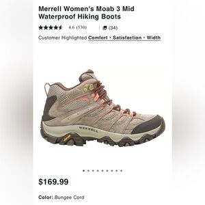 Merrell Women’s Moab 3 Mid Waterproof Hiking Boots Size 7.5
